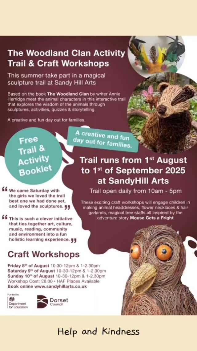 Our magical Woodland Trail at Sandy Hill Arts next to the railway station in Corfe Castle runs until 1 September . Completely free, it offers families a wonderful day out . Bring a picnic and enjoy our beautiful site, as well as Corfe Castle Pottery , the Boilerhouse Gallery, our artist studios and exhibition. #helpandkindness #corfecastle #dorsetevents #artscouncilengland